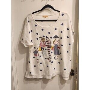 Women's White Polka Dot Graphic Blouse with Navy Accents